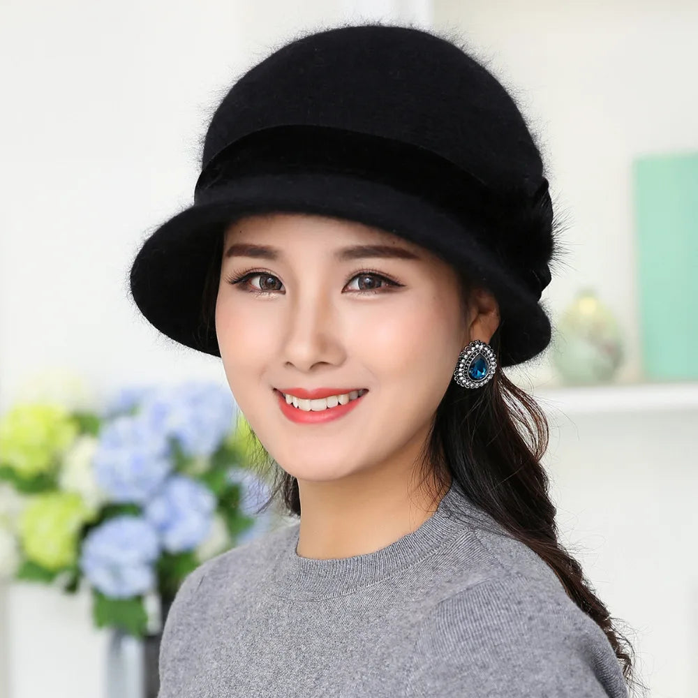 20 style Hot Sell Winter Women Knitted Floral Skullies Super Soft Wool Mix Rabbit Fur Hat Warm Beanies Female Baggy Headwear Cap