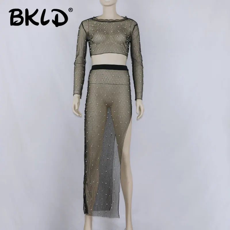 BKLD Summer Women Two piece Set Beach Styles Crop Top Skirt Set Sexy Mesh See-Through Pearl Beading Women Dress 2 Piece Set