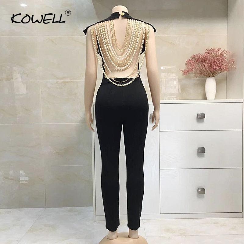 Hot Sale Pearl Chain Sexy Backless Women Sleeveless Skinny Bodycon Rompers