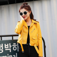 Jacket  PU Leather  Autumn Winter Street  Women&#39;s Short Washed Zipper Bright Colors Ladies Basic Motorcycle  Outwear  OverCoat