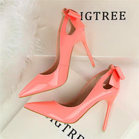 Fashion Cut-outs Bowtie Pointed Toe 10cm High Heels Solid Patent Leather Shallow Woman Party Pumps Office Ol Shoes Woman