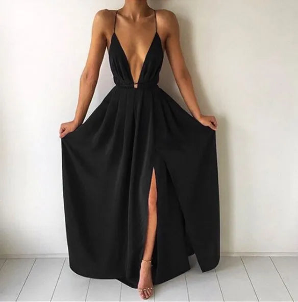 Women Summer Maxi Dress Solid Color Sexy Deep V-Neck Sleeveless Spaghe –  Mega Mart Center