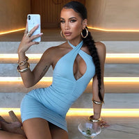 Sexy Bodycon Dress for Women 2023 Summer Solid Backless Cut Out Women's Ruched Cross Halter Short Mini Dresses Party Club Outfit