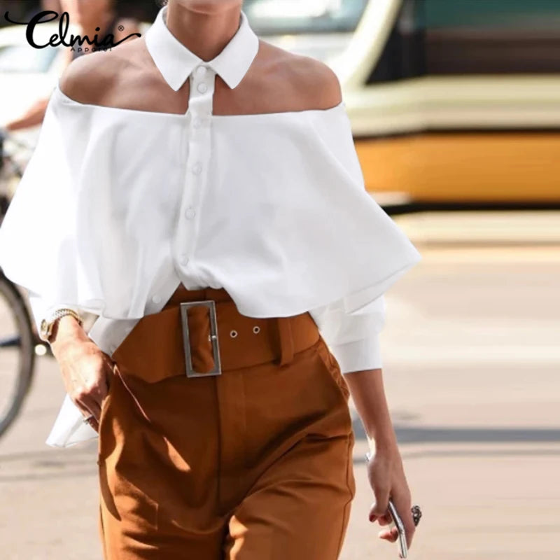 Women's Sexy Blouse 2023 Celmia Party Cold Shoulder Halter Women Shirt Ruffles Solid Office Casual Top Autumn Buttons Blusas