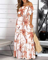 2022 New Fashion Leopard Robe Print Long Dress Ruffle Maxi Sundress Bohemian Women Summer Sexy Casual Elegant Strapless Vestidos