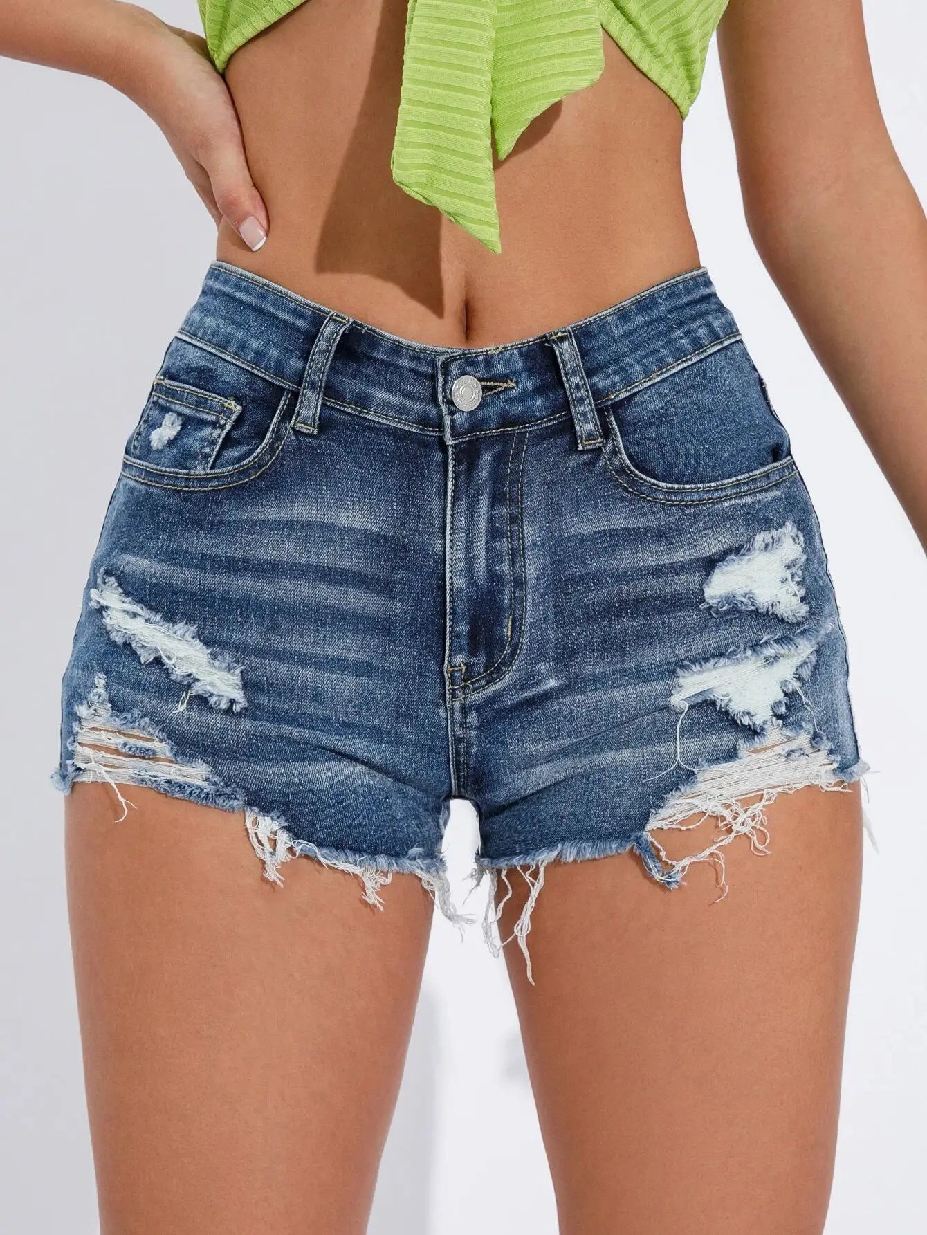 New Arrival Women's High-Elastic Blue Denim Shorts Breathable Holes Cut Washed Technique Summer Casual Rhinestone Waist