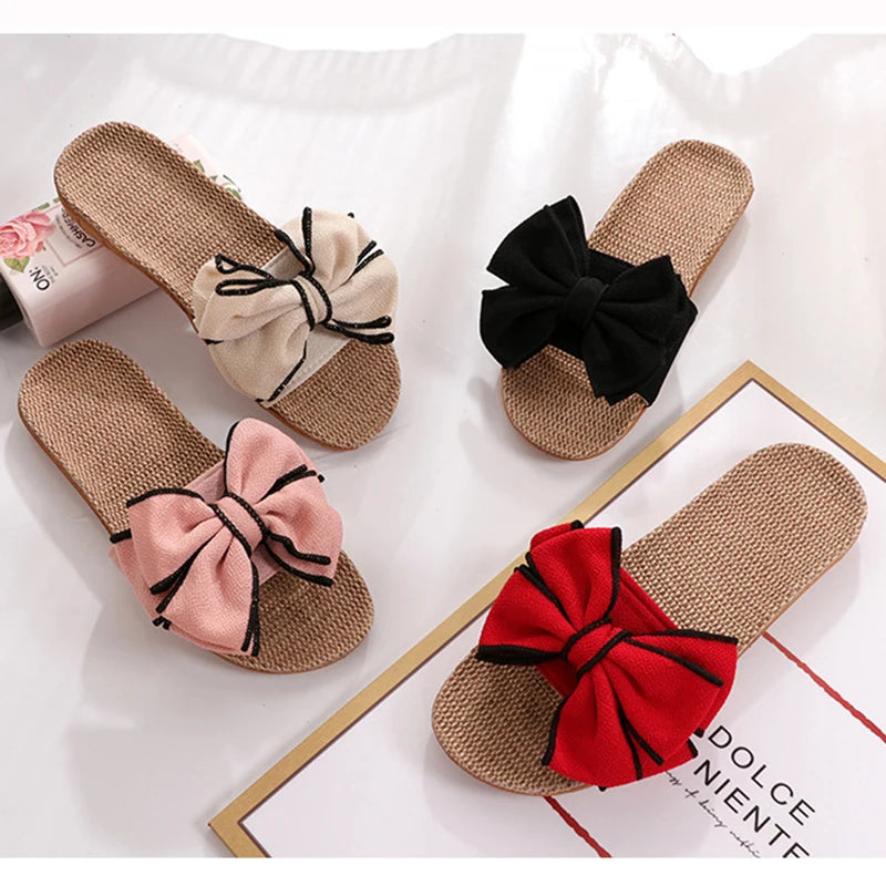 New  Butterfly-Knot Home Slippers Summer Cool Eva Slippers Women Linen Belt Slides Female Sandals Flip Flops