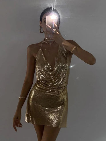 Sibybo Gold Sequins Diamonds Sexy Night Party Dress Women Sleeveless Halter Backless Mini Dresses Femme Clubwear V-Neck Vestidos