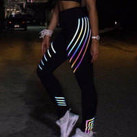 Iridescent Reflective Material Shiny Stripes Printed Leggings Women Sport Yoga High Waist Stretch Fitness Running Pant