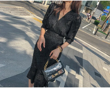 Korea Women Party Dress 2023 Spring fashion Office OL chiffon Half Sleeve Ruffles Bodycon Mermaid Midi Dress