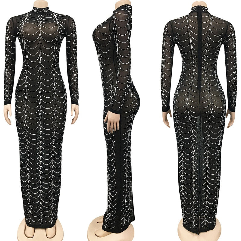 Sparkly Crystal Rhinestone Bodycon Maxi Dress Women Wedding Evening Long Sleeve Mesh See Through Night Party Club Birthday Dress Black / XXL