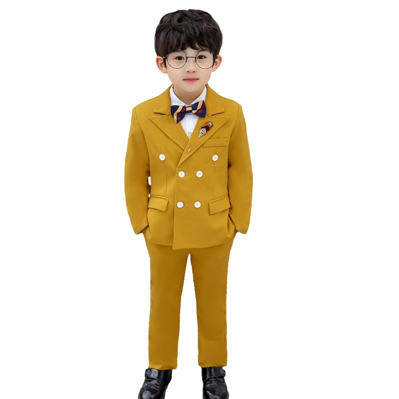 Flower Boys Formal Dress Suit Set Autumn Children Plaid Double Breasted Blazer Pants 2Pcs Clothes Set Kids Wedding Party Costume