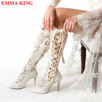 Fashion Black Lace Over The Knee Boots Lace Up Gothic Thigh High Boots High Heels Long Bridal Boots Pointed White Wedding Boots