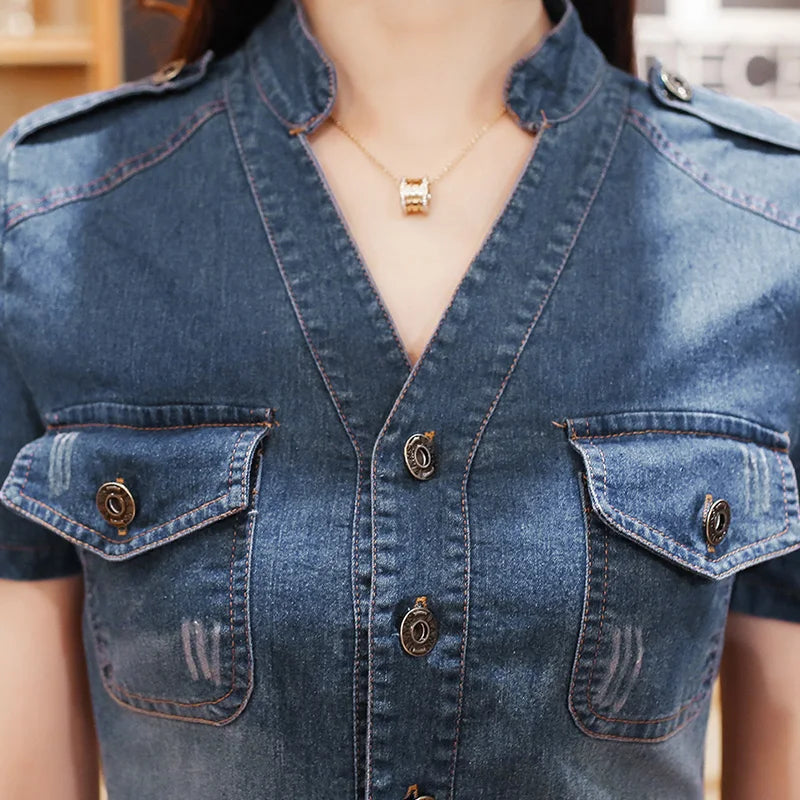 Summer fashion women office denim dress package hip Slim V-neck short sleeve dress with belt