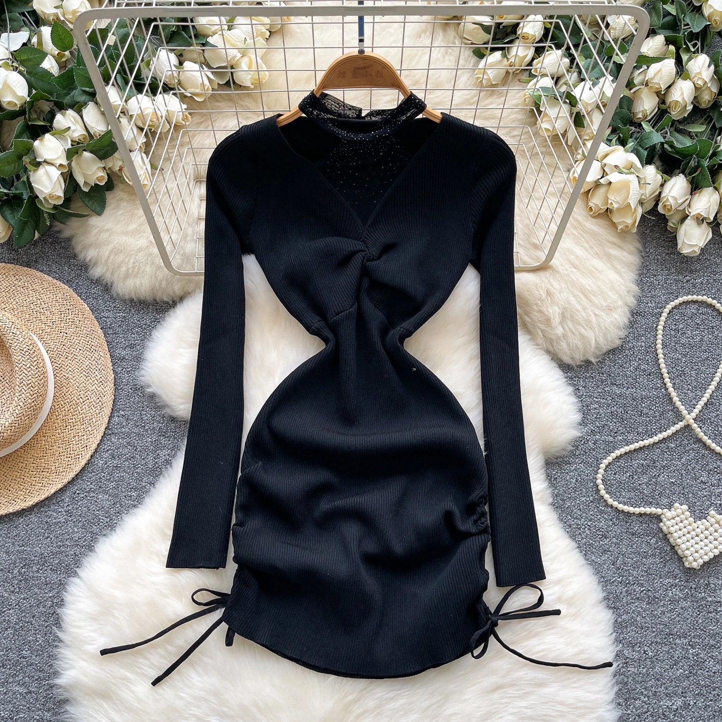 Summer Y2K Halter Bandage Hip Midi Dress for Women Empire Patchwork Mesh Dress