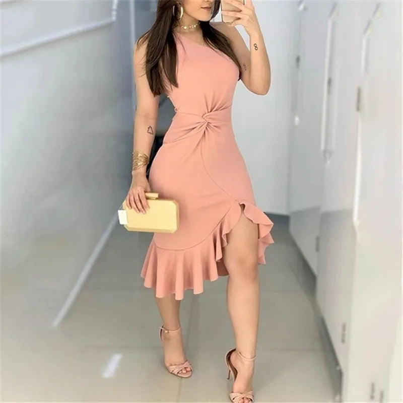 2020 Women Fashion Elegant Lady Dress Party Sweet Workwear Dress Casual One Shoulder Waist Twisted Ruffles Hem Dress