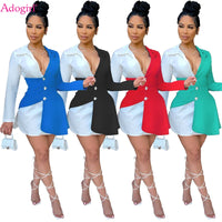 Adogirl Women Summer Color Patchwork Shirt Mini Dress Buttons Turn Down Collar V Neck Long Sleeve Office Lady Work Wear