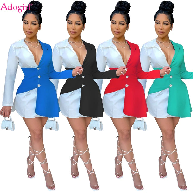 Adogirl Women Summer Color Patchwork Shirt Mini Dress Buttons Turn Down Collar V Neck Long Sleeve Office Lady Work Wear