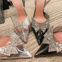 2021 New Pointed Transparent Sandals Women's Bun Water Drill Bow Wine Glass Heels