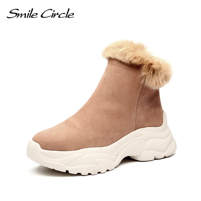 Smile Circle Suede leather Ankle Boots Women Flat platform shoes winter plush Keep warm Thick bottom Short Boots Ladies snow boo