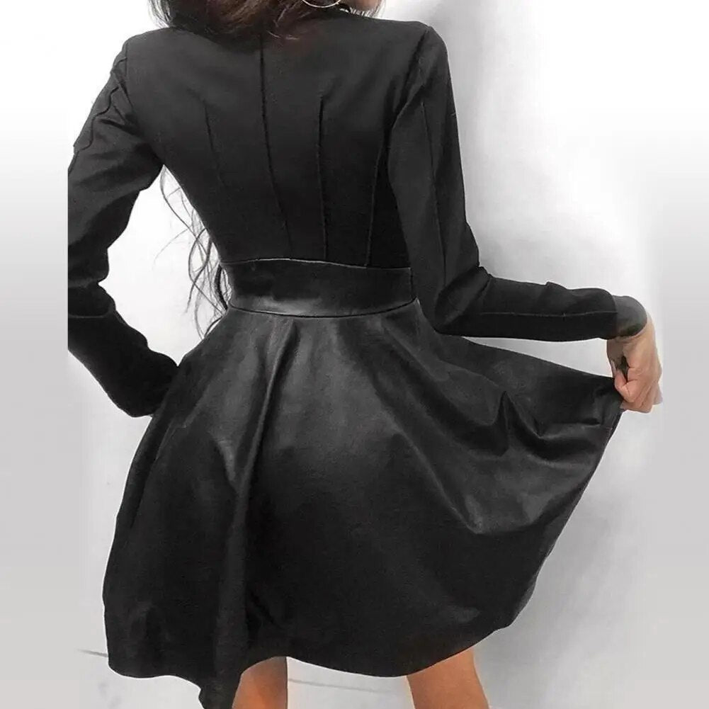 Fashion Dresses Women Lace Long Sleeve Zipper Pocket Large Hem Faux Leather Mini Dress Party elegant slim Sexy Women Dress