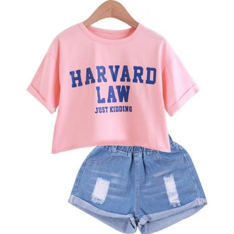 2023 Kids Girls Clothes Set Summer Short Sleeve T-shirt + jeans shorts hot pants Outfits Baby Clothing 4 5 6 7 8 9 10 11 12 year