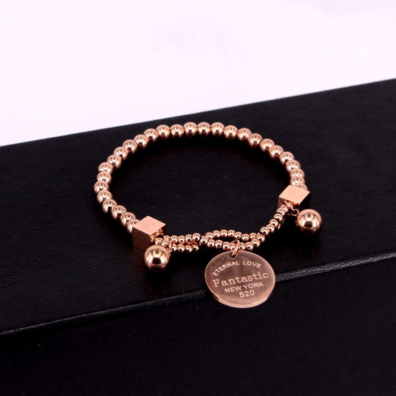 Stainless Steel Ball Beads Bracelet For Women Circle Tag Charm Stretch Strand Bracelet &quot;Fantastic Eternal Love New York&quot; K033