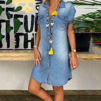 Fashion Women Dress Turn Down Collar Single-breasted Pockets Knee-length Vintage Denim Dresses for Women Summer 2021