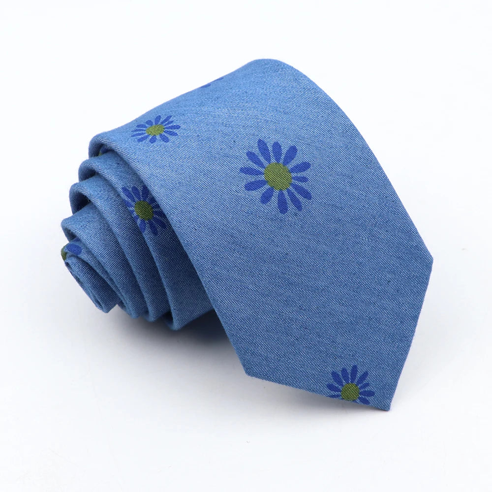 New Cotton Denim Ties For Men 7CM Floral Feather Dot Blue Neck Tie For Wedding Party Casual Print Slim Neckties Daily Wear Gift