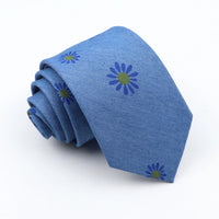 New Cotton Denim Ties For Men 7CM Floral Feather Dot Blue Neck Tie For Wedding Party Casual Print Slim Neckties Daily Wear Gift