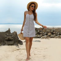 New Women Sexy Mini Spaghetti Strap Dress Summer Stripe Sundress Sleeveless Backless Button Bandage Bodycon Ladies Party Vestido