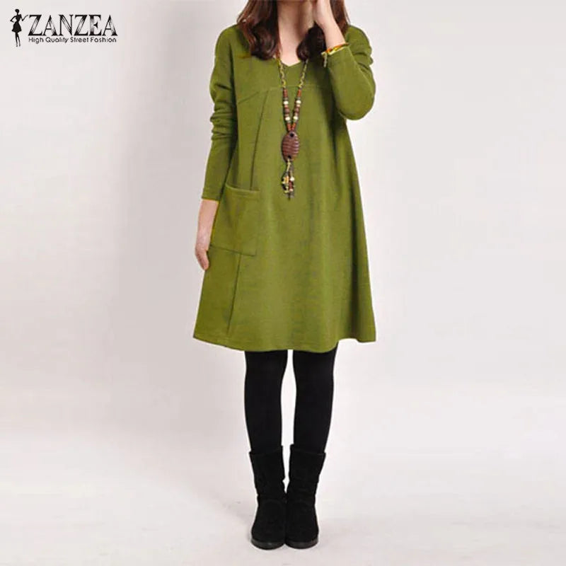 zanzea winter dresses ZANZEA Women's Fashion 5 Colors Long Sleeves Pocket V-Neck Tunic Dress Golden Yellow / XL