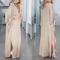 2023 Champagne Gold Sexy Lace Up Plunging Neck Bats Sleeve Loose Long Summer Beach Dress Satin Women Beachwear Maxi Dress N877