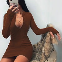Sexy Zipper Bodycon Dress Elegant Long Sleeve Finger Hole Knitting Mini Dress Vintage Harajuku Sweater Dress Casual Clubwear
