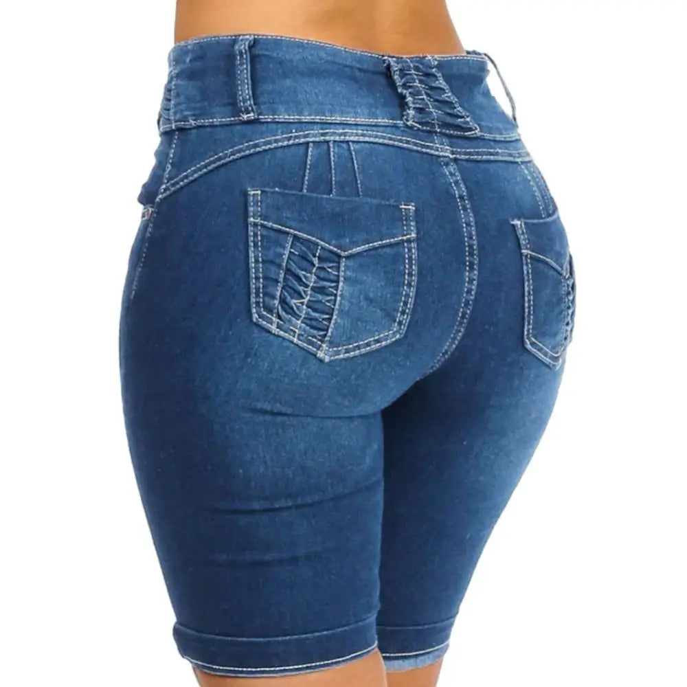 Women Denim Shorts Summer Fashion Casual High Waist Solid Color Skinny Slim-Fit Shorts Jeans