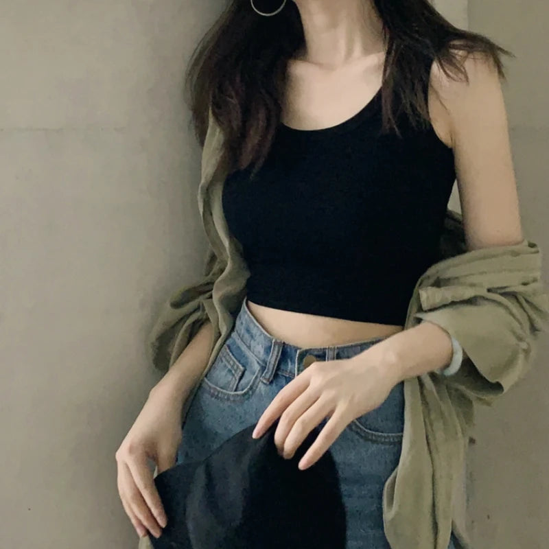 Camisole Women O-neck Strappy Hot Sale Cropped Tank Top Summer Female Active Ins Daily Sexy Streetwear Popular Slim Soft Ulzzang