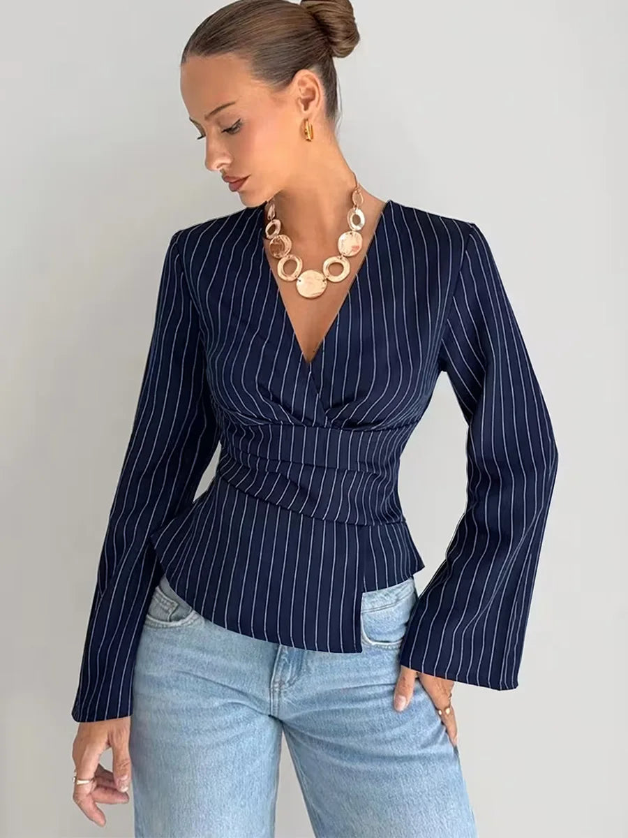 2026 Women's Fashion Striped V-neck Shirt Long Sleeved Waist Cinched Shirt Pullover