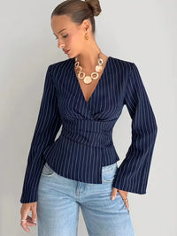 2026 Women's Fashion Striped V-neck Shirt Long Sleeved Waist Cinched Shirt Pullover