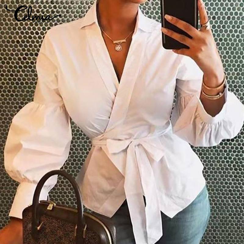 Celmia 2023 Fashion Women Blouse Elegant Lantern Sleeve Tunic Shirts Summer Casual Belted Solid Sexy V-Neck Tops Elegant Blusas