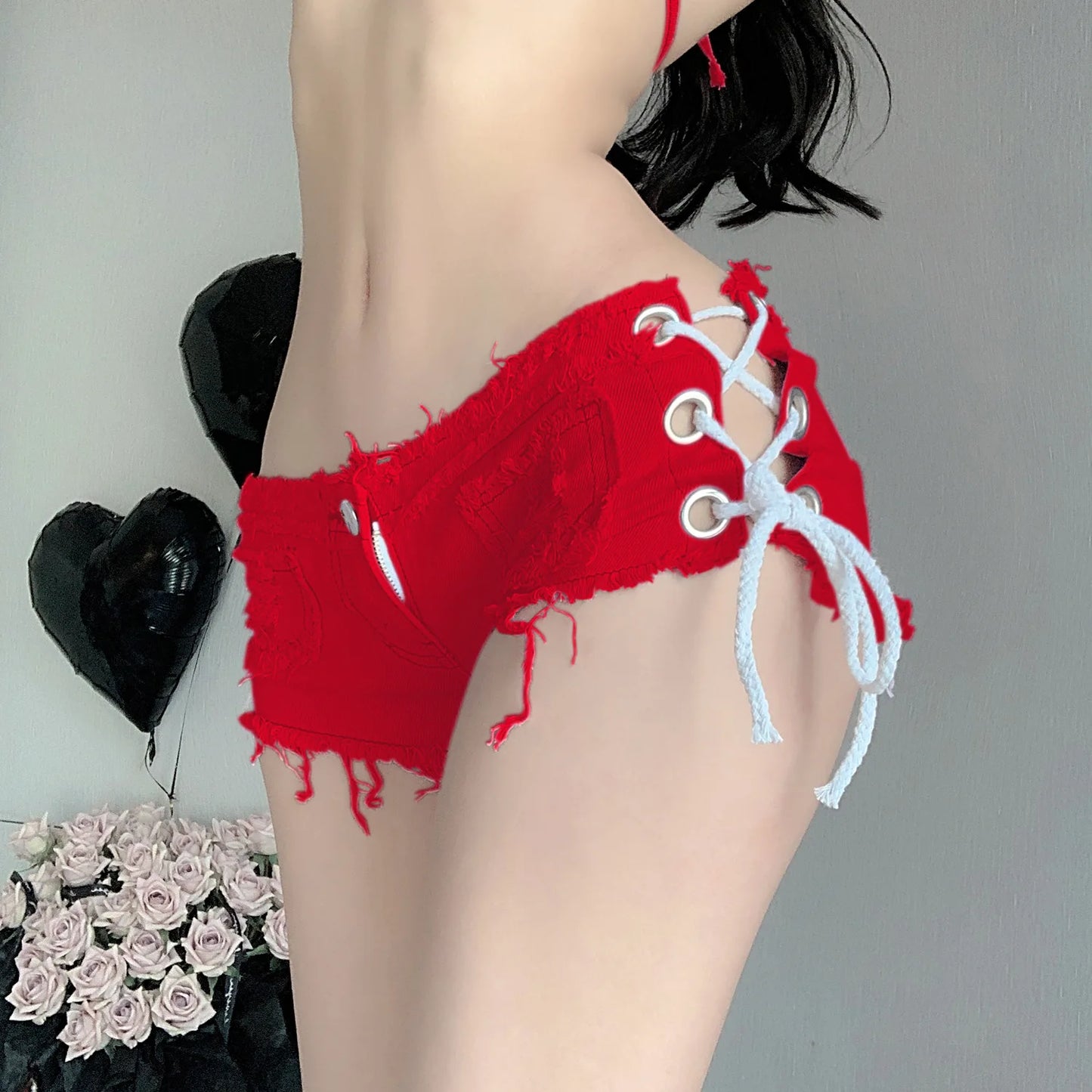 Women Sexy Summer Hot Pants Denim Shorts Low-waist Ripped Tassel Strap Lace up Girls Jeans Women's Night Club Pants Shorts