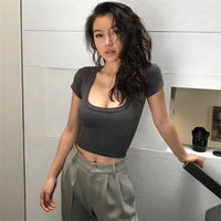 2023 Summer Slim Sports Vest Sexy Women Short Sleeve U-Neck Gray Tee Tank Tops Female Solid Black/White Korean Crop Tops Y2k