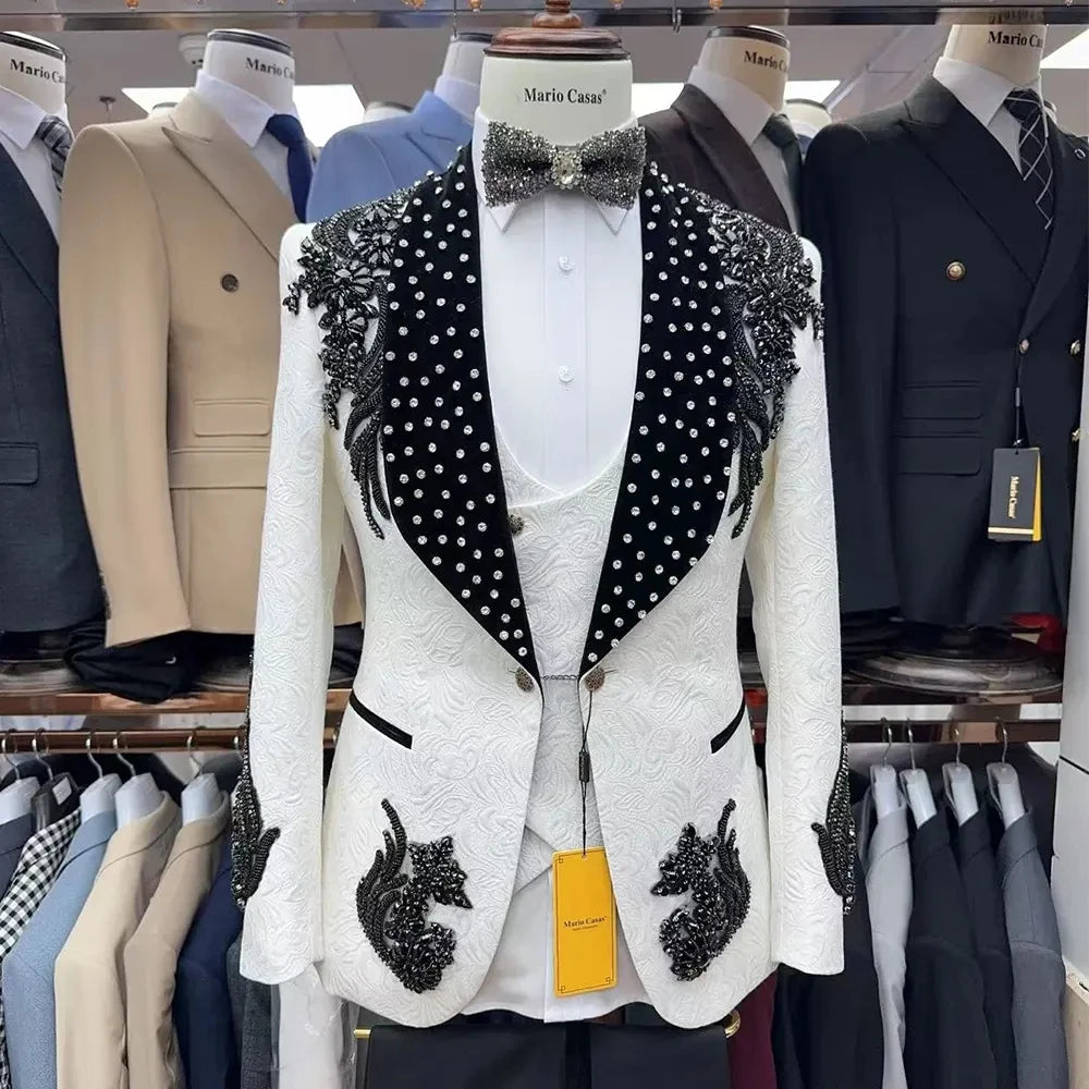 Custom Luxury Designer Tuxedo Men Suits 3 Piece White and Black Style Suits Wedding Party Elegant Formal Slim Fit Suit