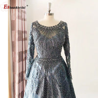 2023 Dubai O-Neck Crystal Handmade Evening Night Dress for Women Long Sleeves Lace Luxury A-Line Formal Wedding Prom Party Gowns