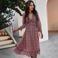 Boho Summer Dress Women 2022 Ruffles Print V Neck Chiffon Midi Dress Wrist Flare Sleeve Empire Holiday Beach Dresses Woman