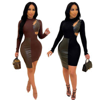 Sexy PU Leather Patchwork Bodycon Party Dress Women Elegant Lace-up Hollow Out Irregular Club Dresses Long Sleeve Mini Dress