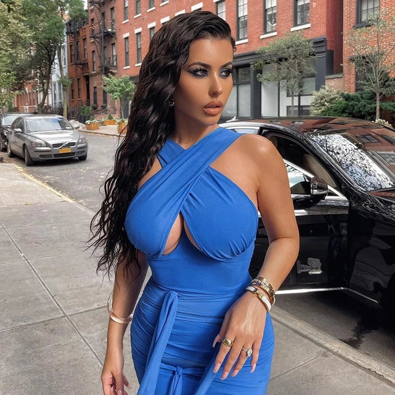 Sexy Solid Color Corset Bandage Dress Cross Halter Bodycon Mini Dresses Evening Party Birthday Club Outfits for Women