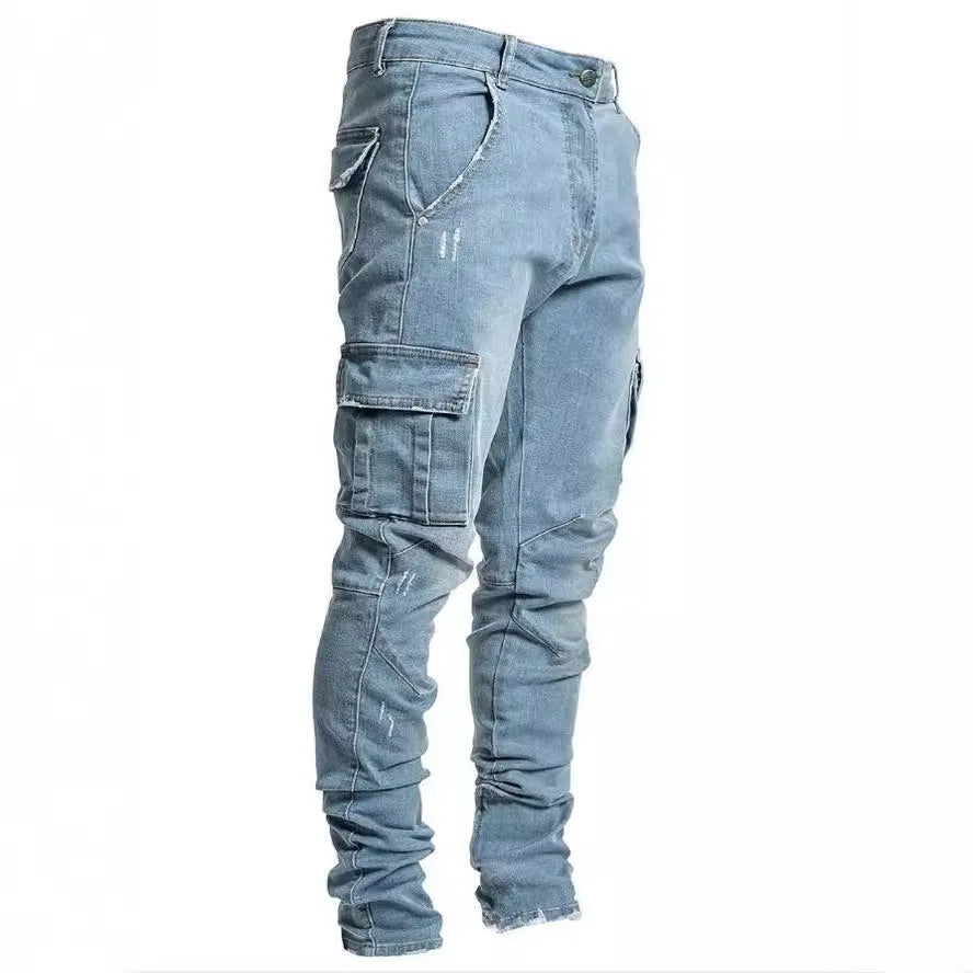 Slim Fit Straight Leg Custom Denim Jeans Men's Pencil Pants Fit Slim Skinny Solid Color Zipper Pockets Men Fashion Casual Jeans