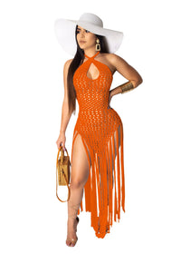 Sexy Adogirl Hand Crochet Fishnet Long Tassel Summer Beach Dress Fashion Sexy Halter Backless Maxi Dress