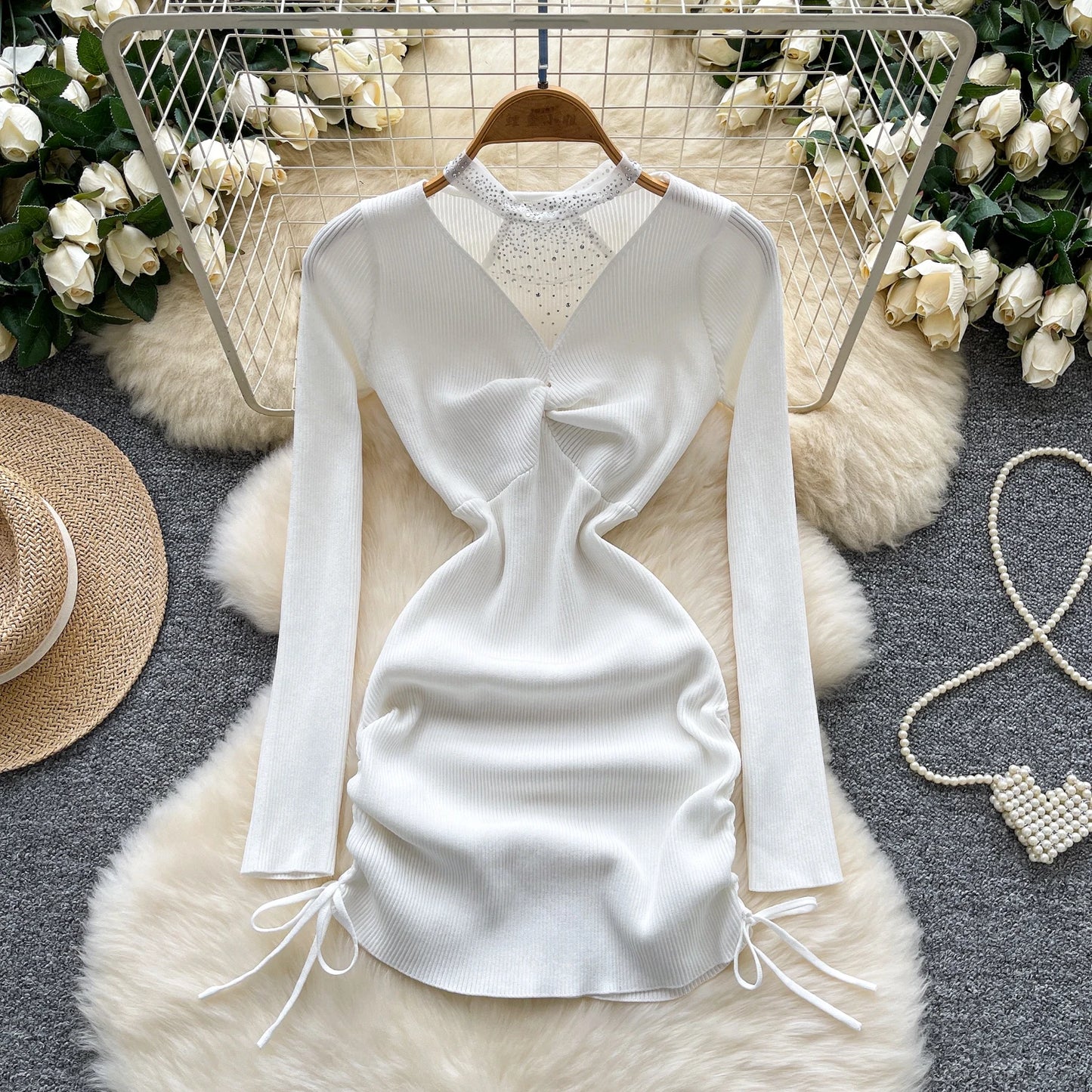 Summer Y2K Halter Bandage Hip Midi Dress for Women Empire Patchwork Mesh Dress