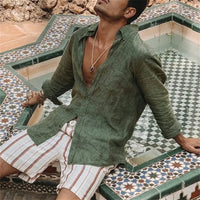 2024 Summer Men'S Casual Cotton Linen Shirt Long Sleeve Loose Blouse Button Breathable Top For Men